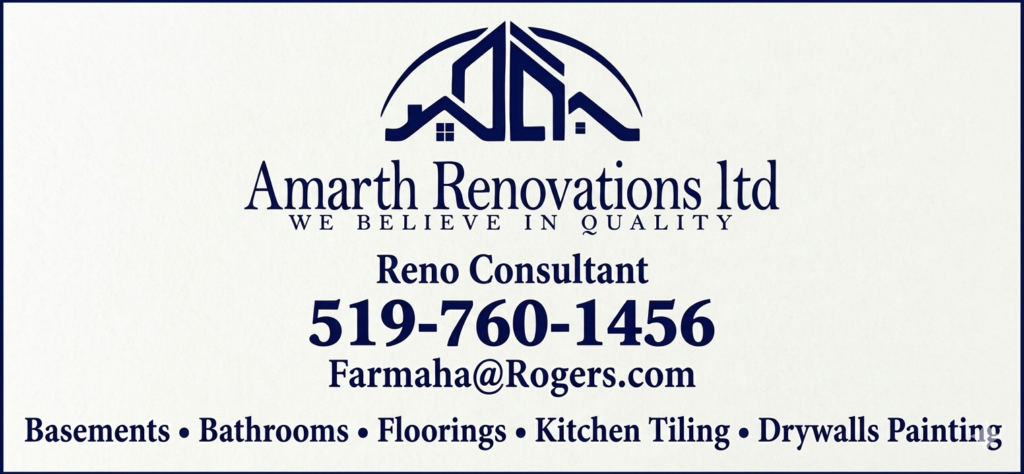 Amarth Renovations Ltd logo on a light background with Reno Consultant contact details, 519-760-1456, Farmha@Rogers.com, and a services list including Basements, Bathrooms, Flooring, Kitchen Tiling, Drywalls Painting.