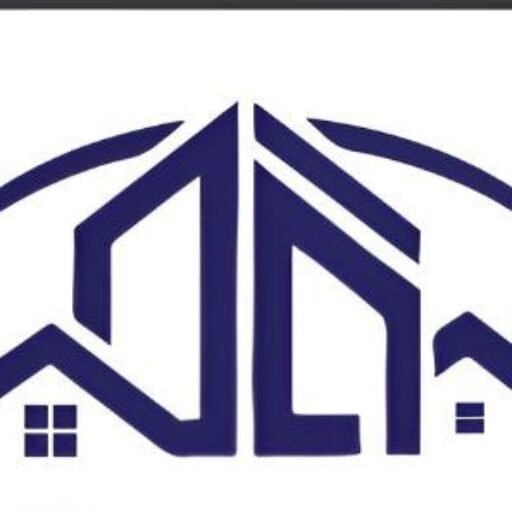 Blue house-roof logo with abstract peaked lines, featuring the name SAM FARMAHA Reno Consultant, emphasizing a professional real estate or renovation identity.