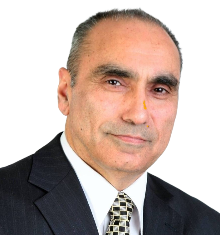 Middle-aged man in a dark suit, white shirt and patterned tie poses against a white background.